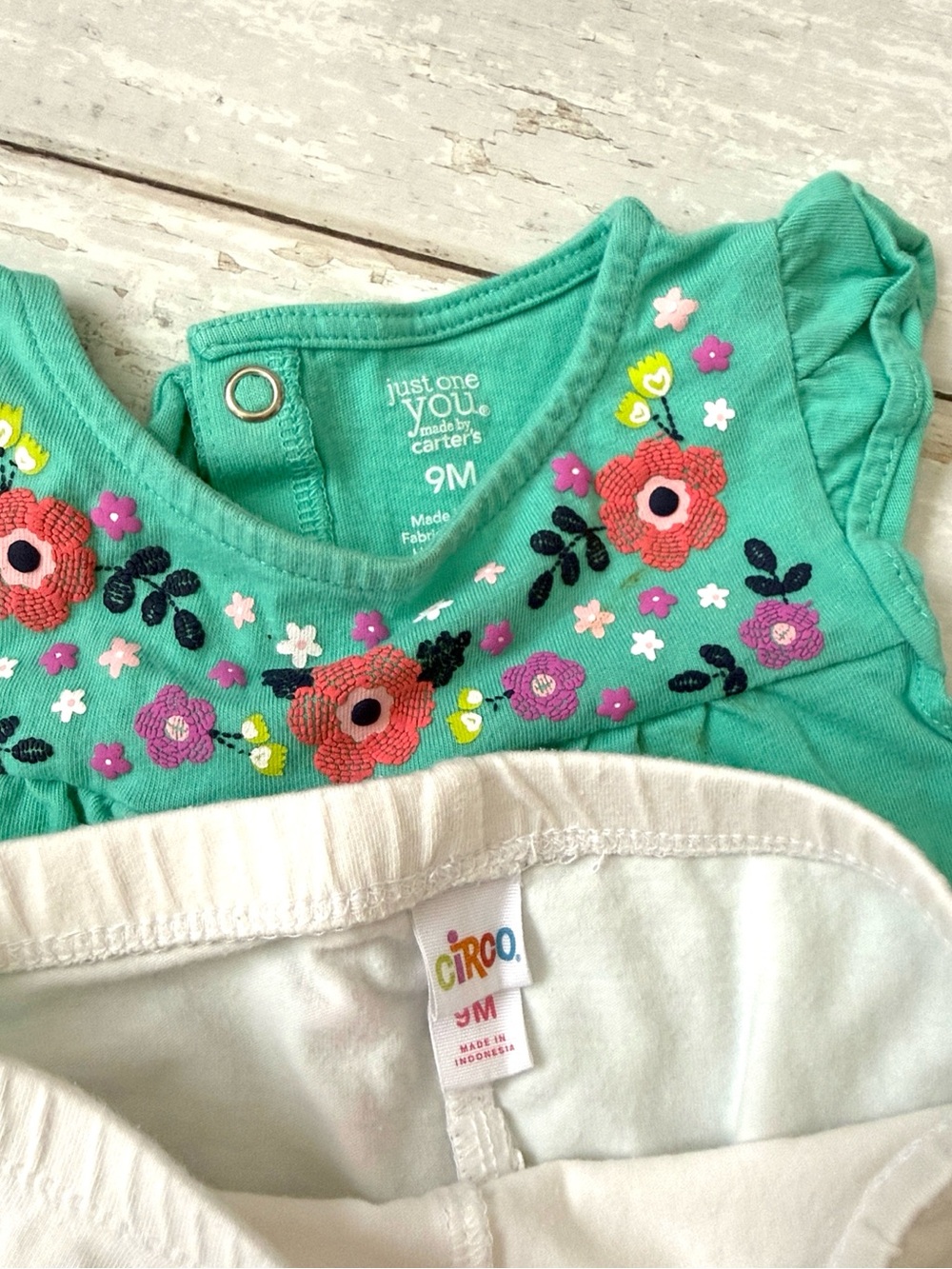 Carters 9m Baby Girl Outfit Set Teal Tank Top Floral Print White Leggings Pants - Picture 2 of 2